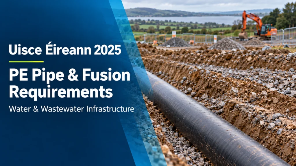 Black PE pipeline in a construction trench with Uisce Éireann 2025 PE Pipe and Fusion Requirements title